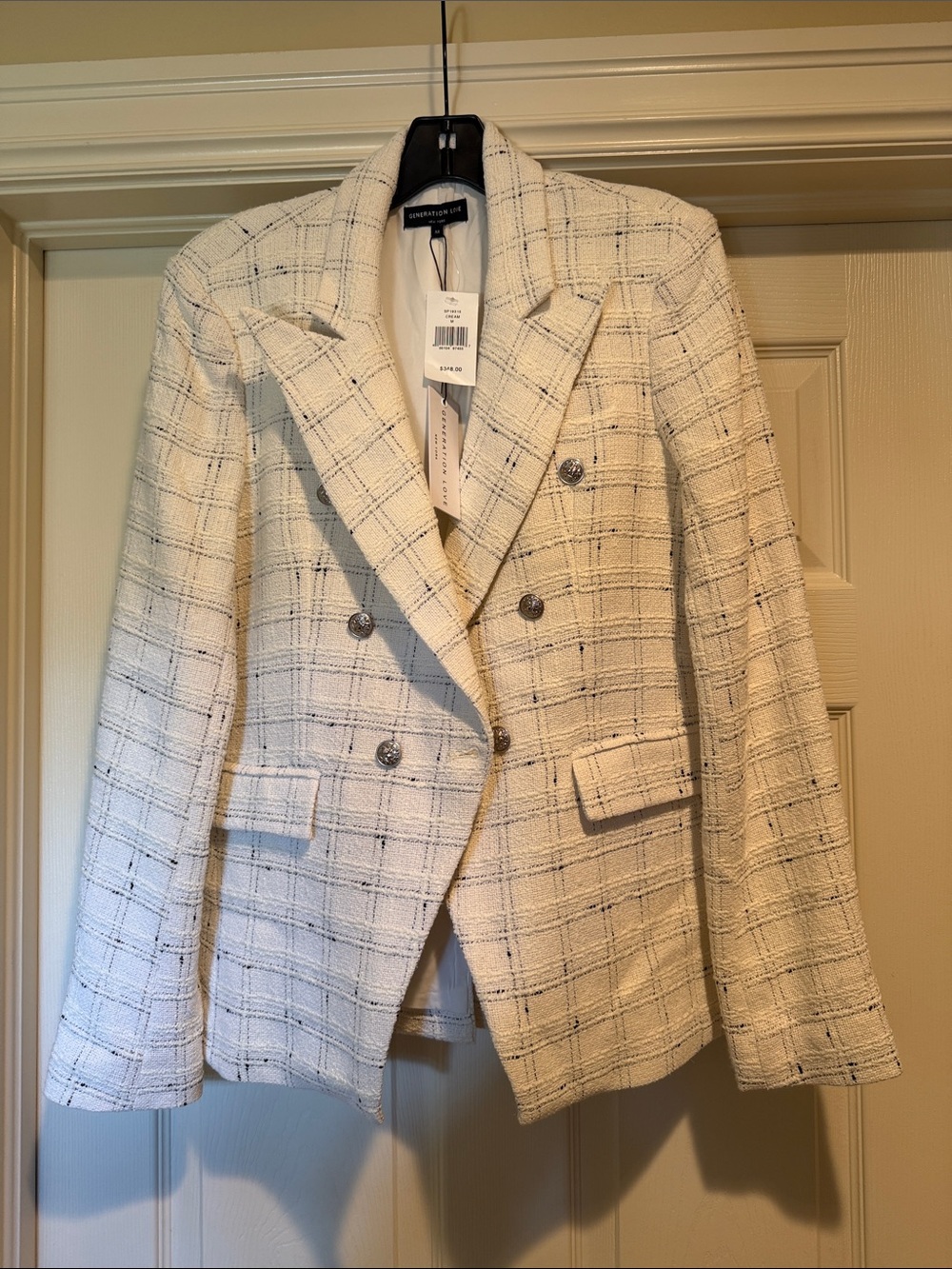 Generation Love Cream Plaid Tweed Double-Breasted Blazer